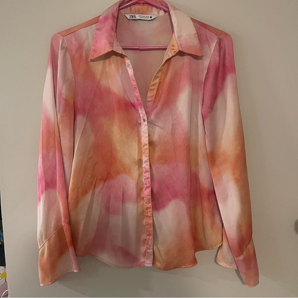 Zara Tie Dye‎ Watercolour Pink Satiny Blouse - Picture 3 of 5